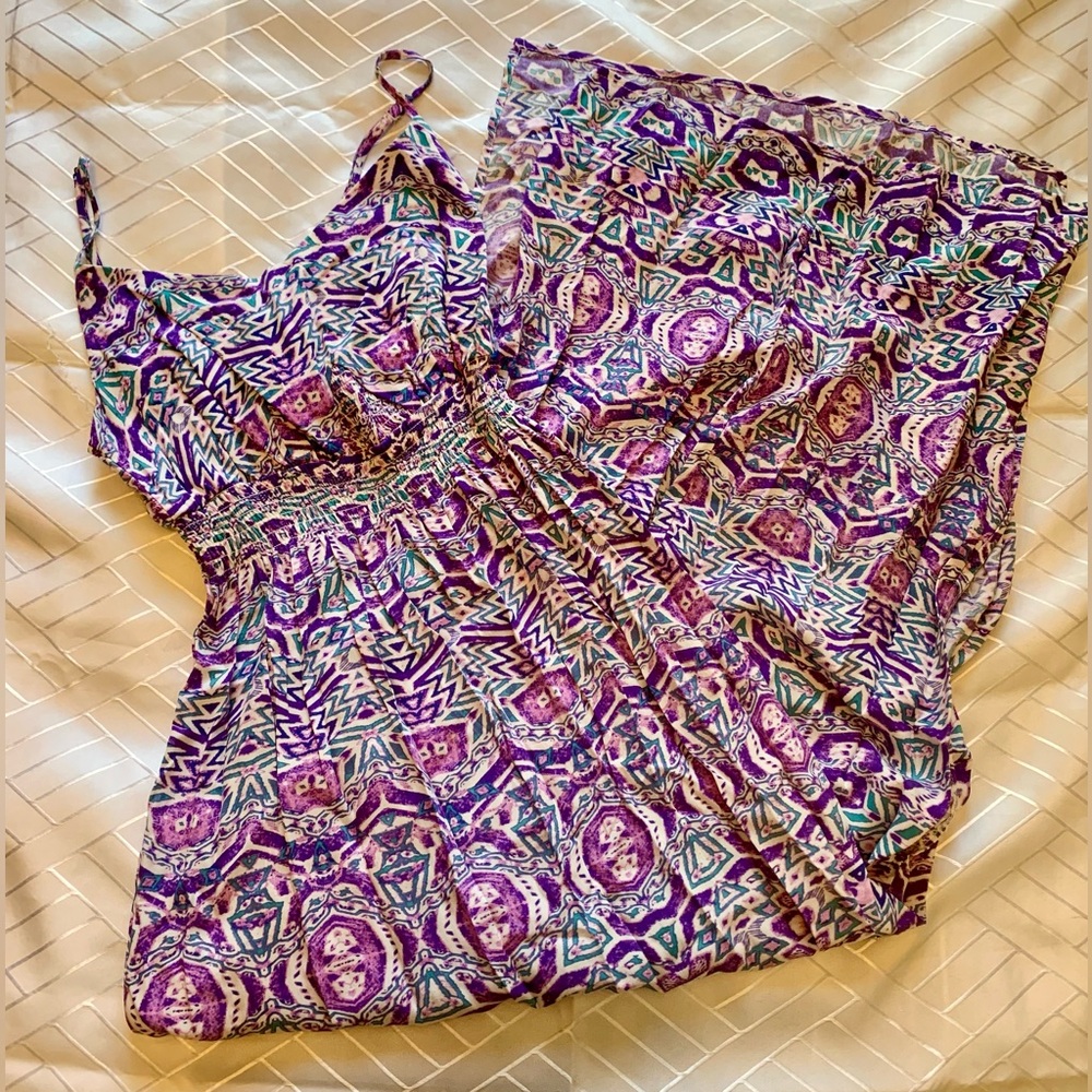 COTTON ON Beachy Boho Tribal Dress PURPLE TEAL mermaid maxi coverup long strappy
